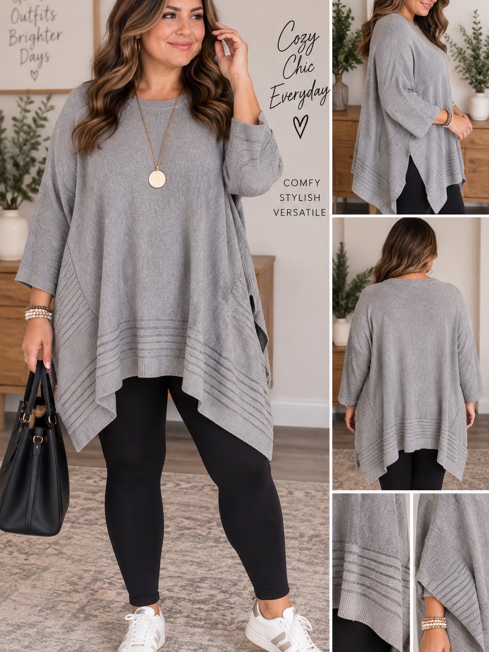 Vera Wang Gray Draped Knit Poncho Sweater